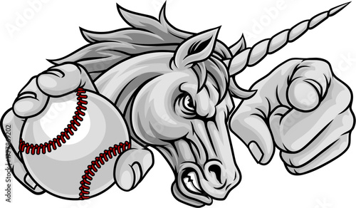 Unicorn horse mustang bronco stallion baseball softball angry sports team mascot holding a ball.
