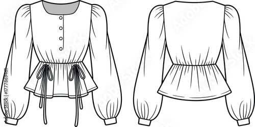 Women's blouse fashion sketch, technical garment drawing, peplum top illustration, voluminous sleeve design, front and back view, apparel template