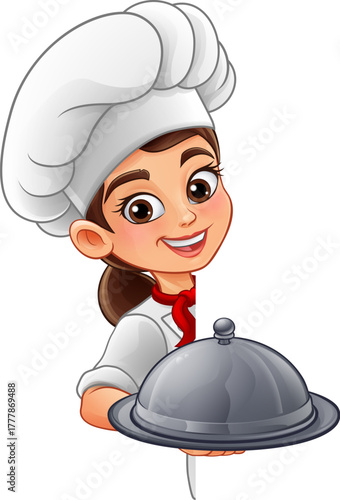 Smiling cartoon woman chef in hat and red scarf peeking from behind blank space while holding a covered food platter. Fun culinary mascot illustration for restaurant, catering, menu and food themes.