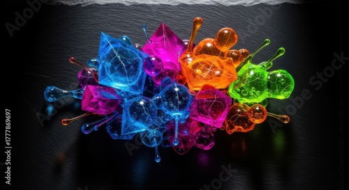 Colorful Glass Art Pieces on Dark Surface in Modern Style