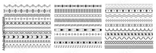 Collection of black geometric tribal borders and decorative lines, hand-drawn style on white background. Concept of ethnic or ornamental design. Vector illustration