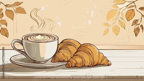 Warm coffee and croissants for autumn breakfast