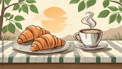Morning breakfast with coffee and croissants outdoors