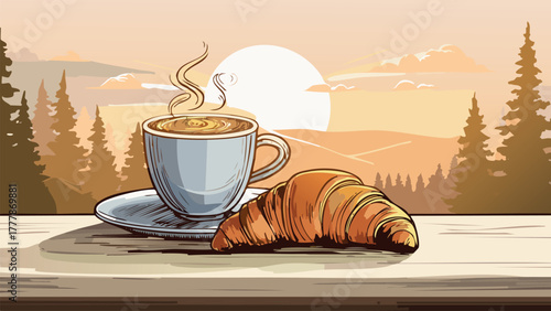 Coffee and croissant breakfast with mountain sunrise