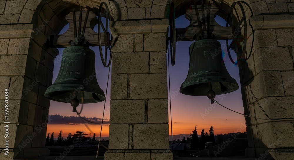 Obraz premium Historic Church Bells in Stone Tower at Sunset.