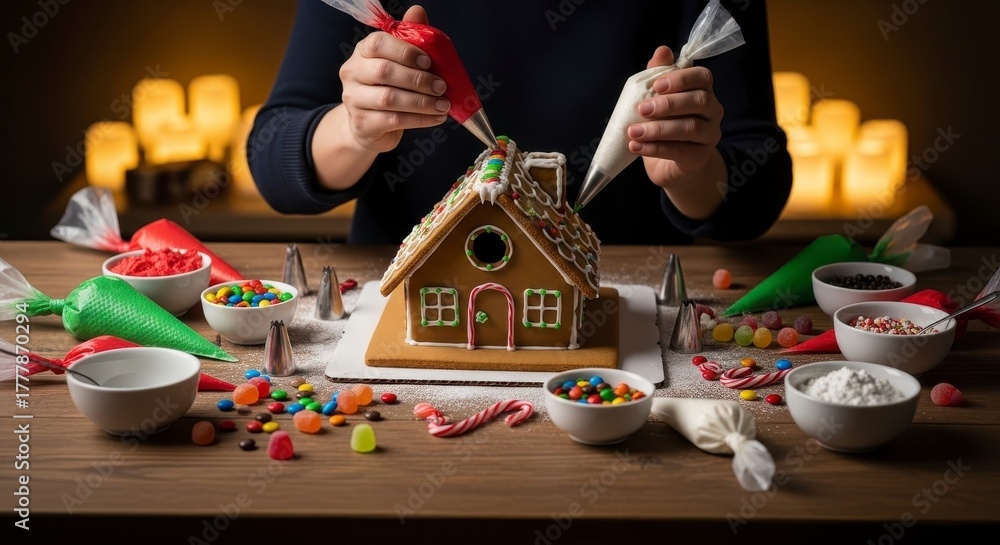 Fototapeta premium Decorating Gingerbread House for Christmas Holiday.