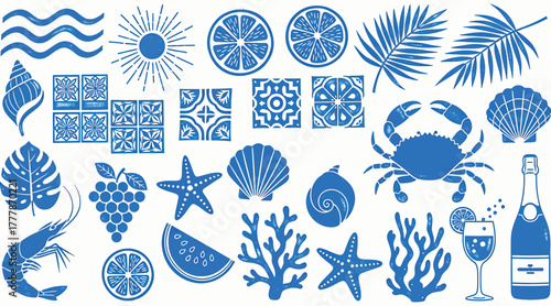 Blue summer themed icon set isolated on white background, featuring beach, sea, and vacation motifs for travel and holiday projects and designs, vector illustration