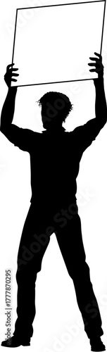 Protestor or demonstrator at a demonstration march, picket line or strike protest rally in silhouette. Holding up a banner or picket sign board placard.