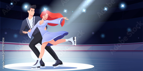 Elegant couple performing figure skating routine on ice rink under bright spotlight, stylized cartoon style on dark background. Vector illustration