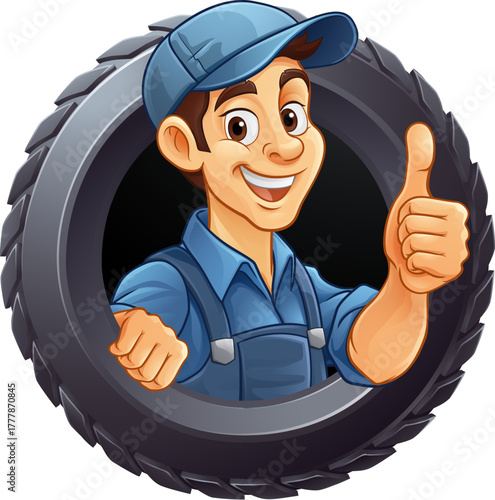A tyre or tire cartoon car maintenance service mechanic mascot cartoon character man