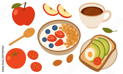 Healthy Breakfast Flat Design Vector with Avocado Toast and Yogurt Bowl