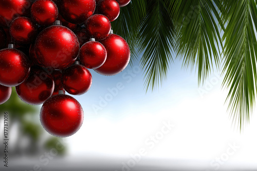 Red Christmas ornaments hanging from green palm leaves by the sea