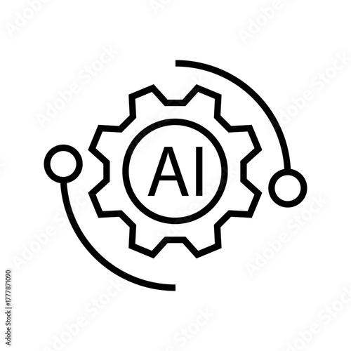 Artificial Intelligence Icon with Gear and Orbit Elements Minimalist artificial intelligence (AI) icon featuring a gear with the letters “AI” in the center and two curved orbit-like lines. Represents 