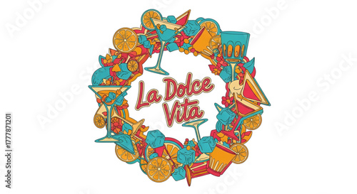La dolce vita typography with cocktail bar summer drinks illustration design graphic