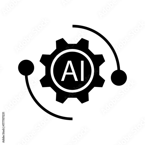 Artificial Intelligence Icon with Gear and Orbit Elements Minimalist artificial intelligence (AI) icon featuring a gear with the letters “AI” in the center and two curved orbit-like lines. Represents 
