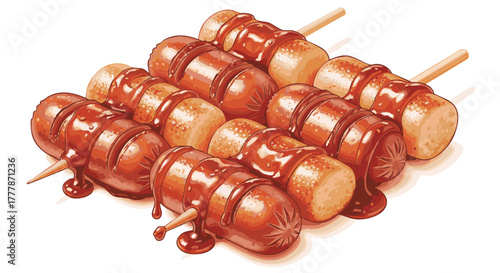 Grilled sausage and bread skewers generously topped with savory red sauce are arranged against a white background.