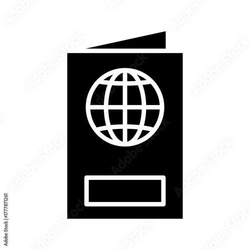 global-passport-icon Black icon of a passport featuring a globe symbol, representing international travel, identity, immigration, or tourism concept.