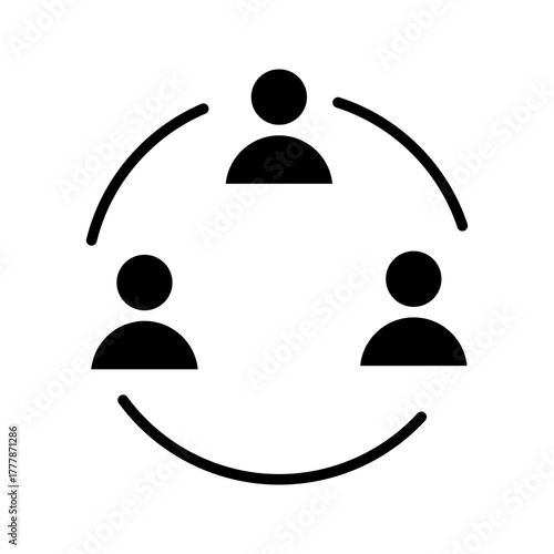 team_connection_icon.Simple black and white icon of three connected people in a circular arrangement, representing teamwork, collaboration, and networking.
