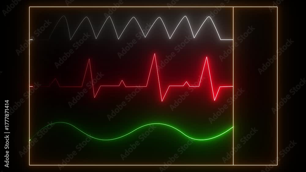 Neon electrocardiogram display showing heart rate oxygen saturation and ...