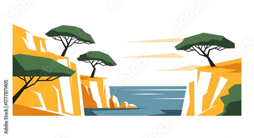Vector landscape illustration of cliffs and trees by the sea coast