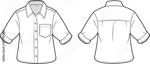 Kids shirt fashion flat sketch, half sleeve collared shirt design, front and back view, casual clothing template, garment vector illustration
