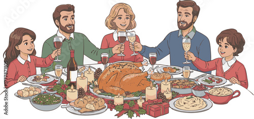 Happy family celebrates holiday gathering with traditional roasted fowl dinner