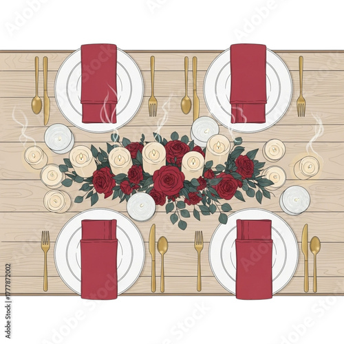 Romantic dinner table setting with red roses and candles for anniversary or valentine's day design on transparent background