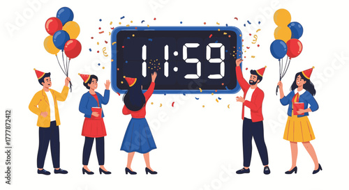 Festive group of people anticipate midnight as a digital clock displays one minute to a new year