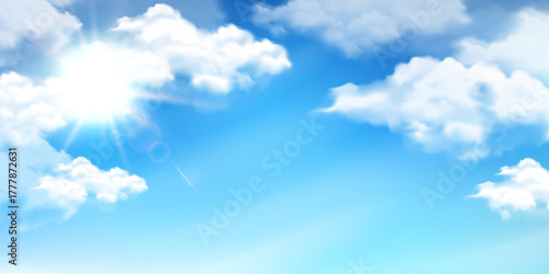 Bright sun shining with soft clouds in blue sky, digital art style on clear background. Concept of sunny weather and peaceful atmosphere. Vector illustration