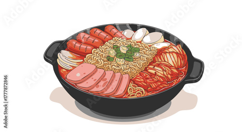Savory stew preparation filled with assorted meats, noodles, and fermented cabbage simmering in a dark pot