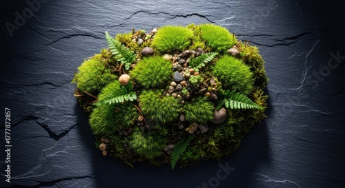 Moss and Fern Arrangement on Dark Slate Surface with Natural Lighting