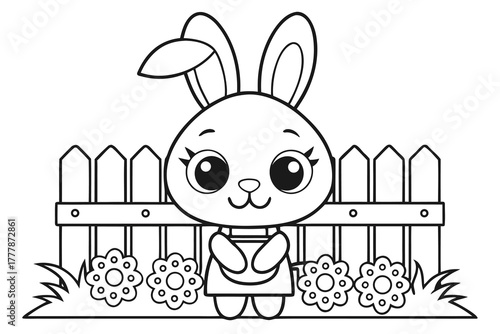 black and white illustration of a cute cartoon bunny. It stands in front of a picket fence, with decorative flowers and grass around its feet.