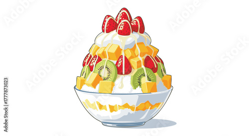 Shaved ice dessert piled high with various fresh fruit pieces and sweet cream topping served in a clear bowl