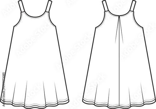 Sleeveless dress technical sketch, front and back view, fashion flat drawing, garment illustration, flared hem, pleat detail, apparel design