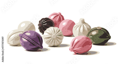 Collection of colorful, stylized food replicas resembling steamed buns arranged on a white surface