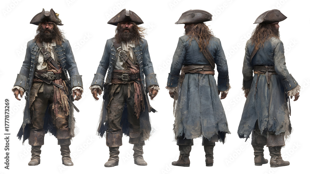 Fototapeta premium Historical pirate costume: male adult in weathered naval attire