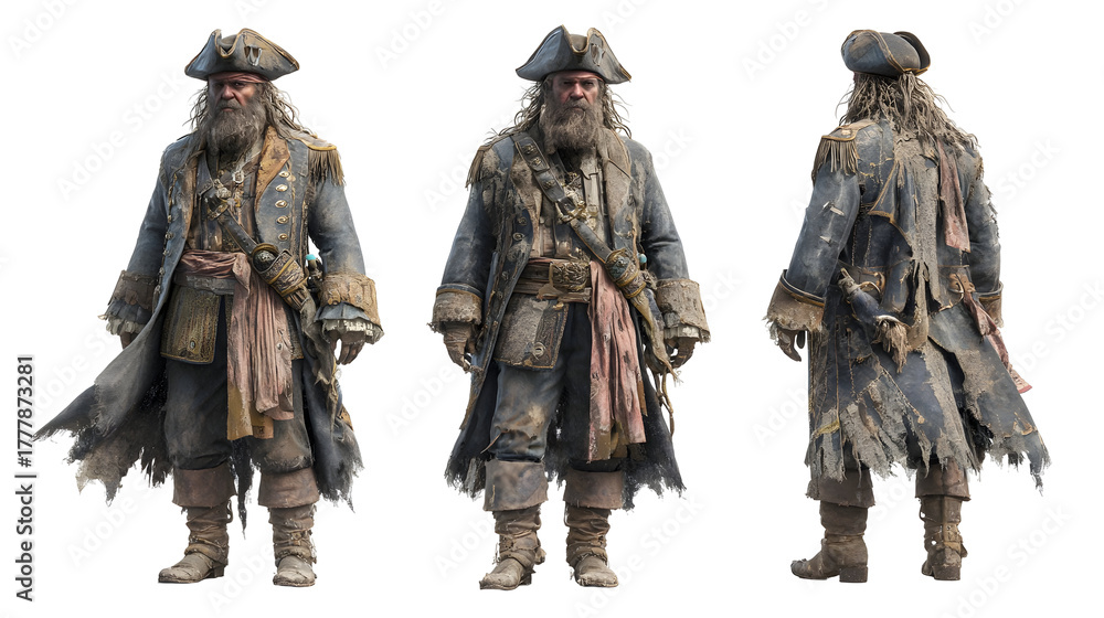 Fototapeta premium Mature caucasian male pirate in historical costume and tricorn hat
