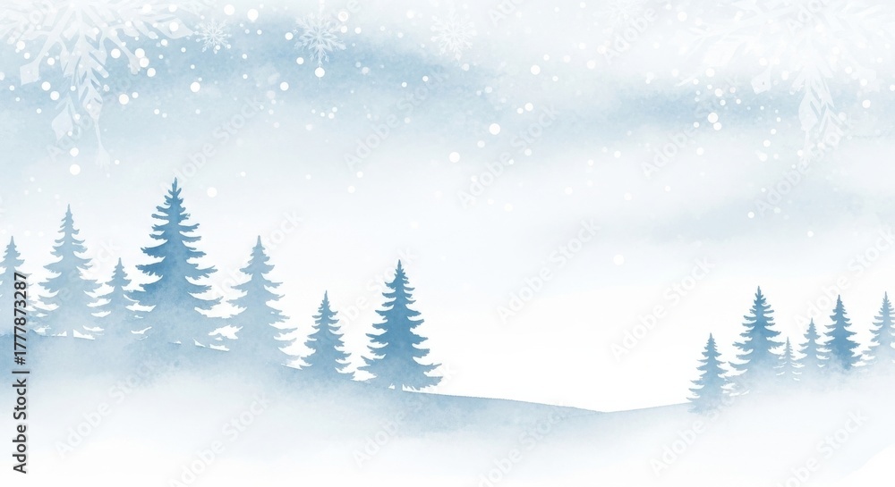 Naklejka premium Winter landscape featuring snow-covered trees and gentle snowfall in a serene outdoor setting