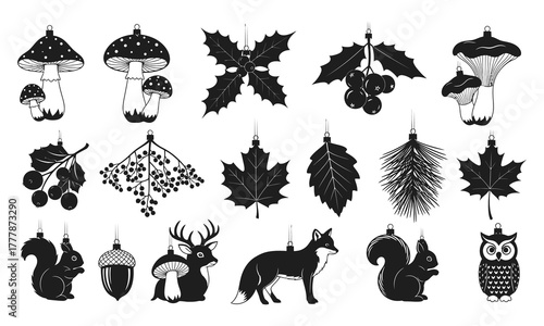 Christmas ornaments shaped like mushrooms, forest berries, leaves, acorns, and woodland animals in soft vector style