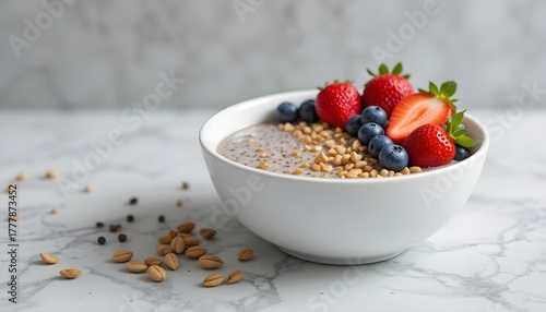 Simple white bowl with fresh fruit, chia pudding, and nuts, neutral background, clean composition with natural textures,