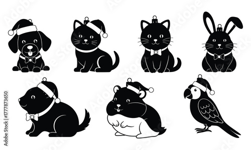 Cute Christmas tree ornaments shaped like pets including dog, cat, rabbit, hamster, and parrot wearing Santa hats and bow