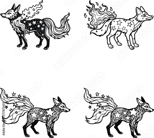 A set of fox made of smoke or stars silhouette vector isolated on white background