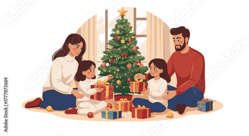 Family members gather around a decorated evergreen tree exchanging holiday presents