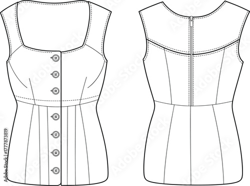Women's blouse technical sketch, sleeveless top illustration, scoop neckline, button front, princess seams, fitted silhouette, fashion flat, garment design, apparel template