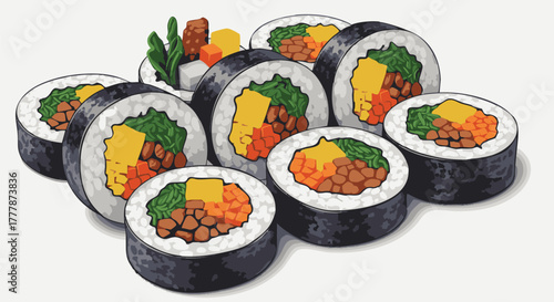 Assortment of prepared rice rolls featuring various colorful fillings displayed on a white background