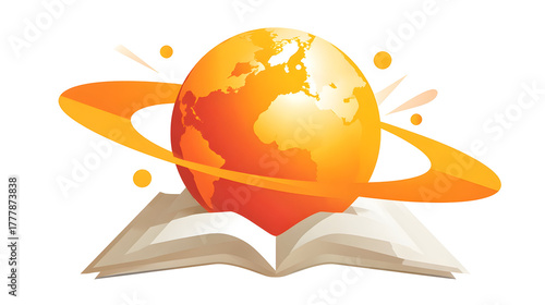 Open book with globe and orbit illustration symbolizing global knowledge