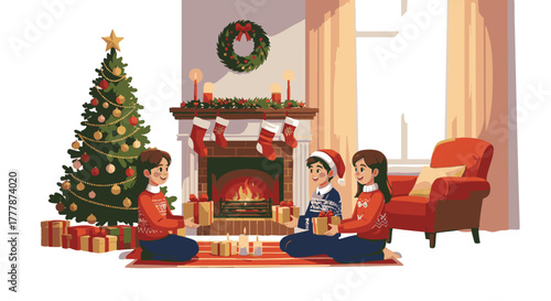 Three cheerful children exchange wrapped presents near a warmly lit fireplace during the holiday season