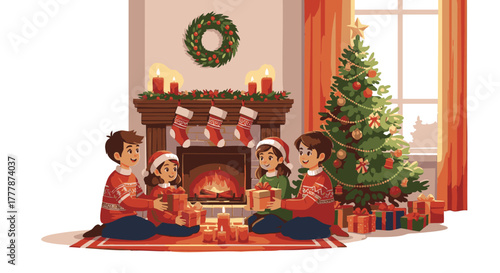 Siblings exchange wrapped presents on the floor beside a warmly lit fireplace and decorated holiday tree