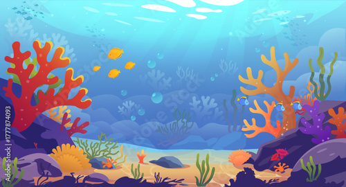 Vibrant underwater seascape showing coral reef, fish, and bubbles in cartoon style on a blue ocean background. Concept of marine biodiversity. Vector illustration