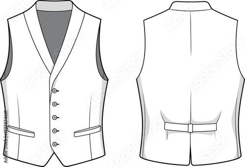 Men's formal vest, technical fashion sketch, front and back view, garment template, tailoring design, vector illustration, apparel, clothing, classic